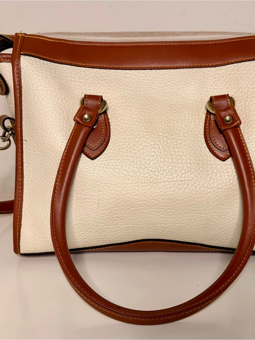 Vintage Dooney & Bourke Cream and Tan Pebble Leather Satchel and Crossbody Bag